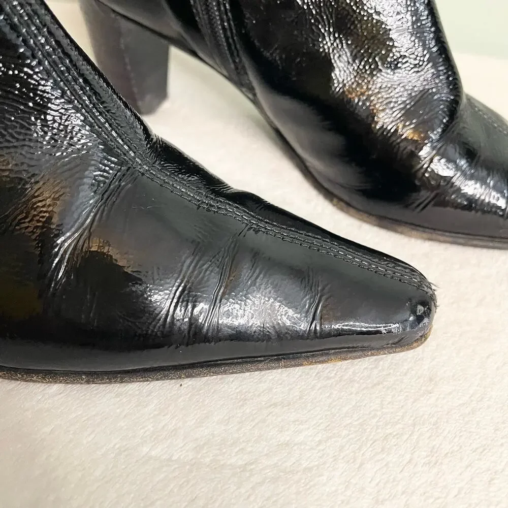Aquatalia Leather Ankle Boots Size 8 Black Shiny Pointy Toe Luxury Made in ITALY